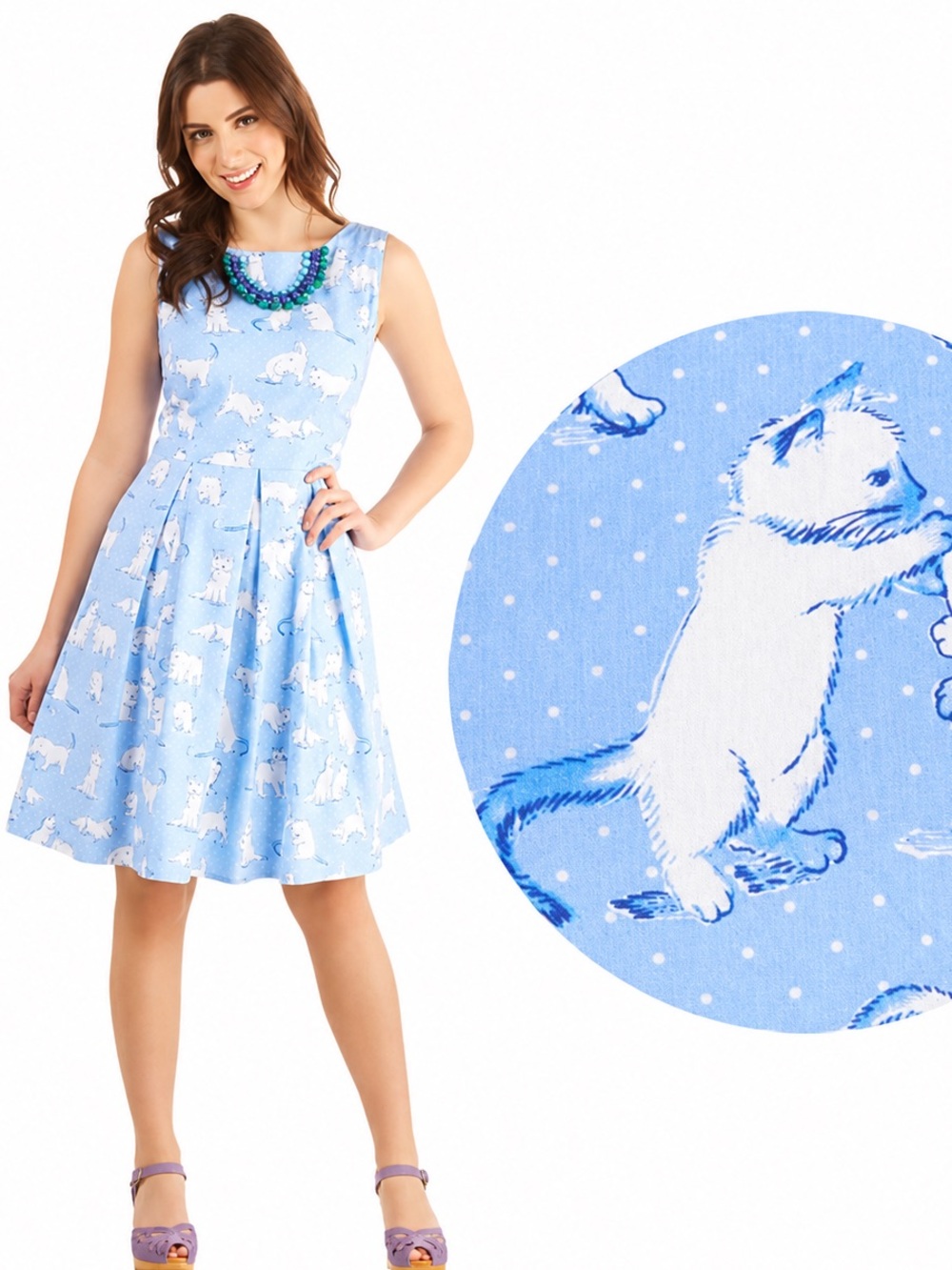 Blue Kitty Print Sleeveless Fit-and-Flare Dress